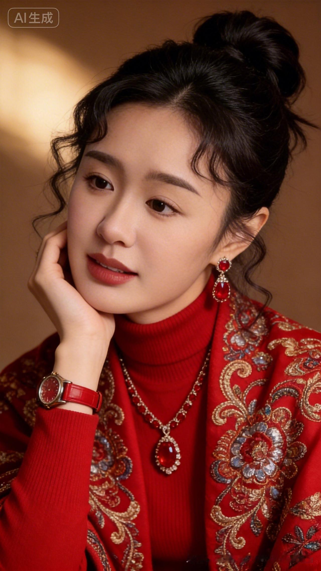 这位女士穿着红色衣服，看起来很漂亮。