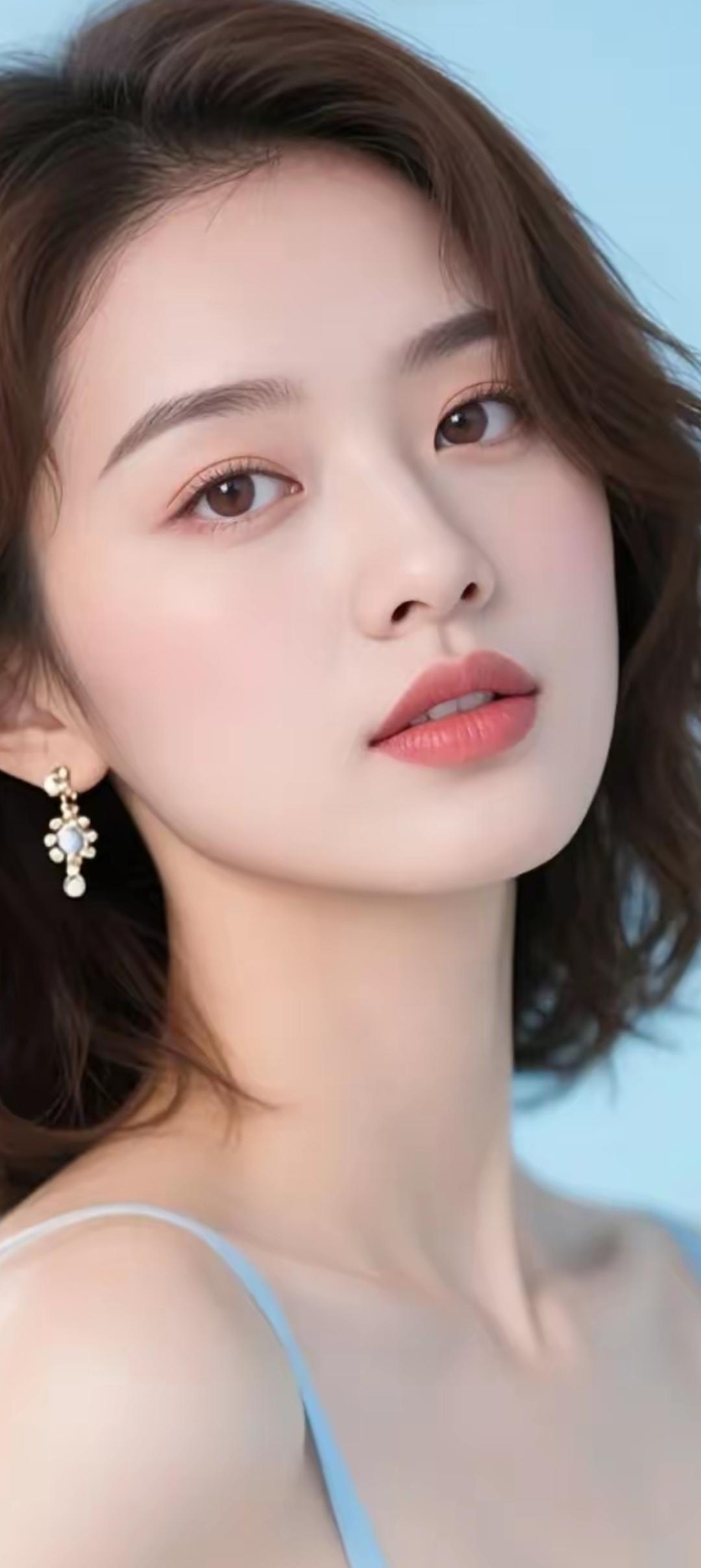 温柔甜美的少女，浅蓝色吊带裙，精致的耳饰，清新自然。