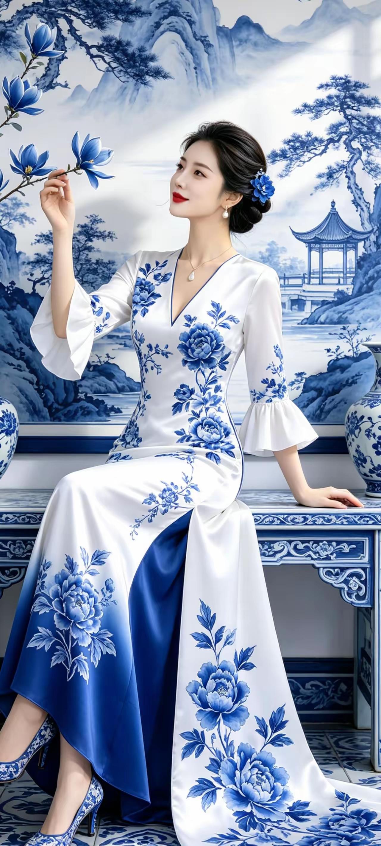 蓝花映美人，古韵入画来。