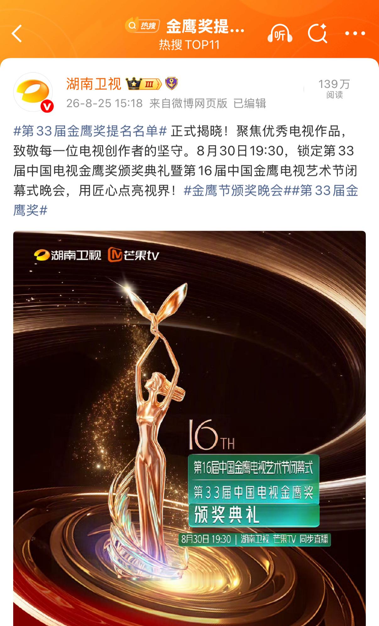 转弯大妈刚说完认可这个预测 半个小时金鹰奖就公布了 结果没有老叭 而且名单中补位