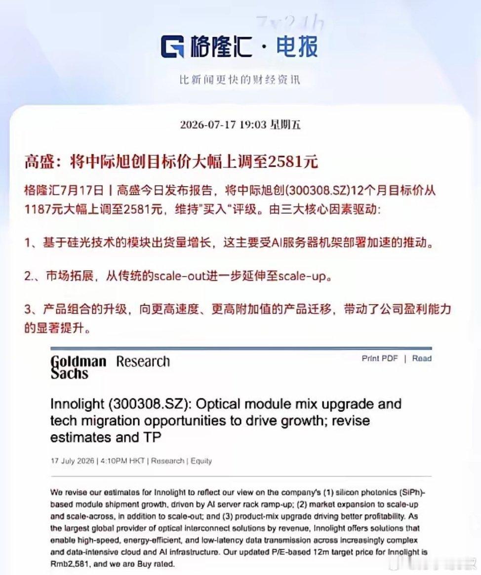 重大利好！高盛力挺了，中际旭创目标价2581元就在刚刚，高盛的一份研报又刷屏了，