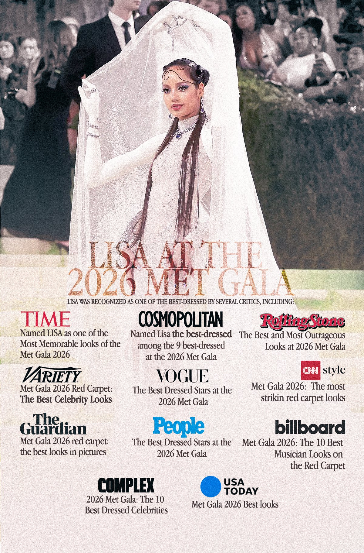 多位评论家将 LISA 评为 2026 年 MetGala 最佳着装之一。是呀，