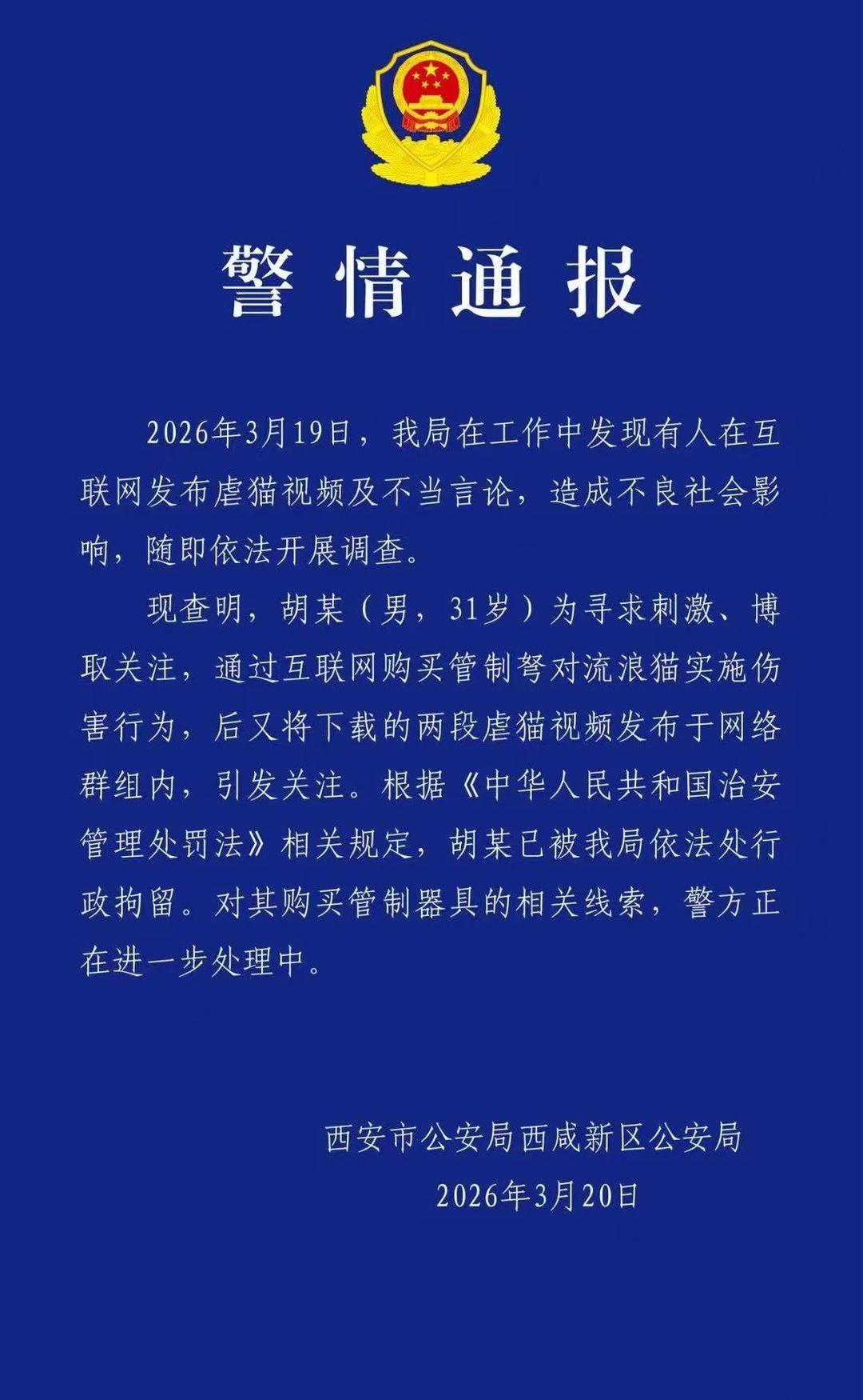 #男子用管制弩虐猫发虐猫视频被拘#【网购管制弩伤害流浪猫、在网络发布虐猫视频，西