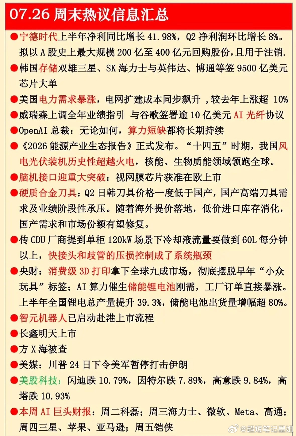 7月26日周末热议信息汇总指南来啦！宁德时代回购、AI算力紧缺，本周科技圈大事件