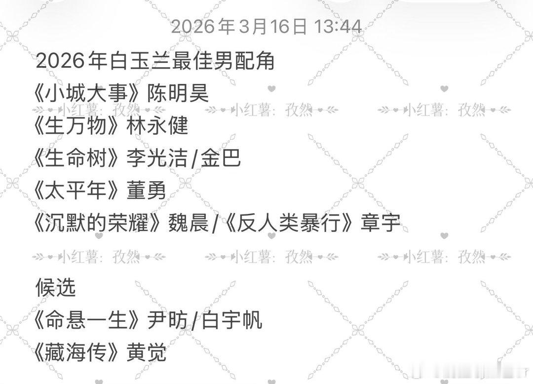 2026年白玉兰最佳男配角预测 