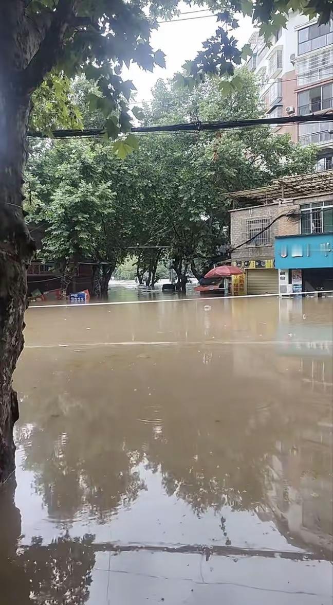 一夜暴雨突袭，遵义桃溪寺片区积水严重。洪水无情人有情，愿雨停水退，邻里乡亲、所有