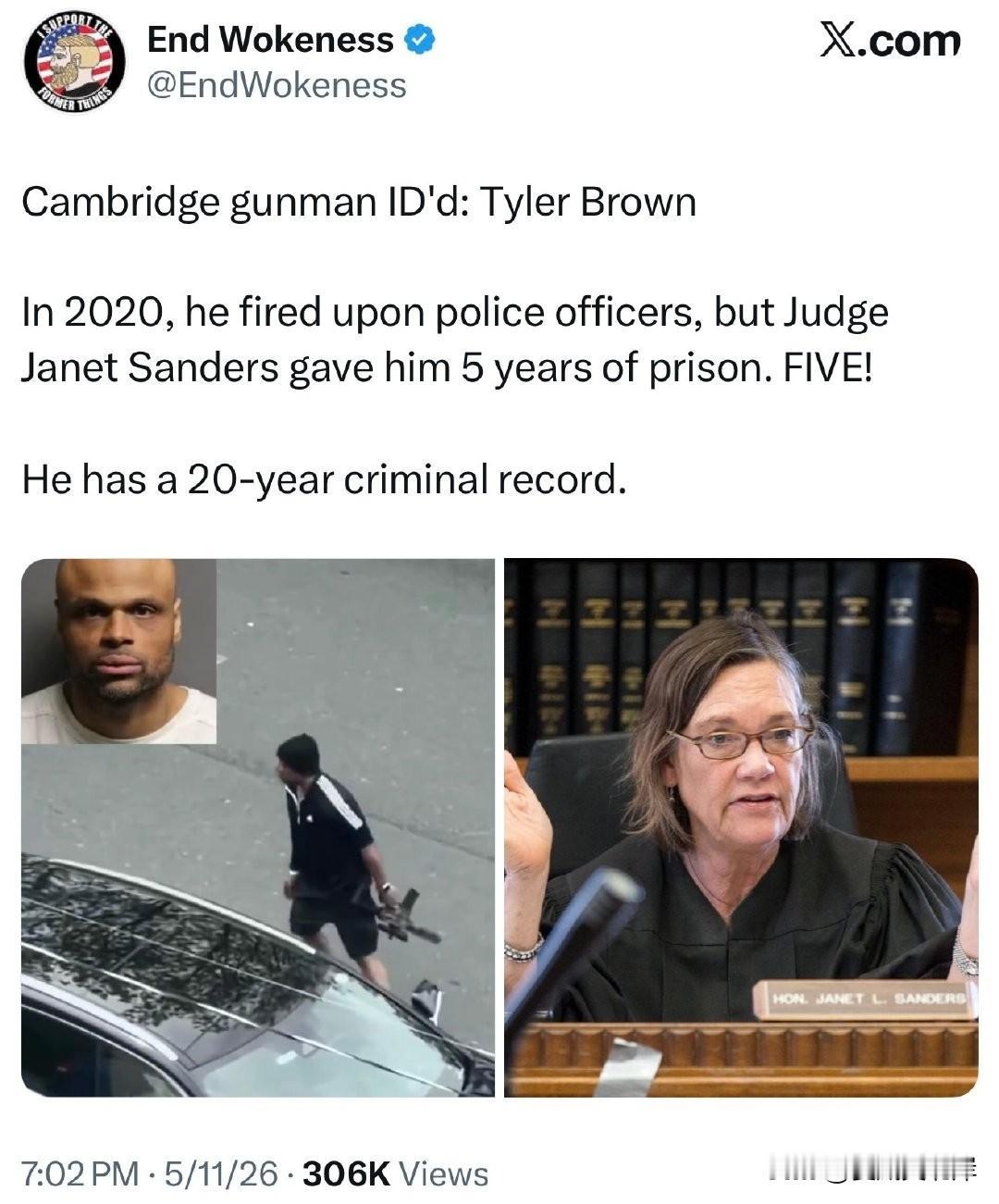 剑桥市枪击案凶手身份确认：Tyler Brown
 
2020年，他曾向警察开枪