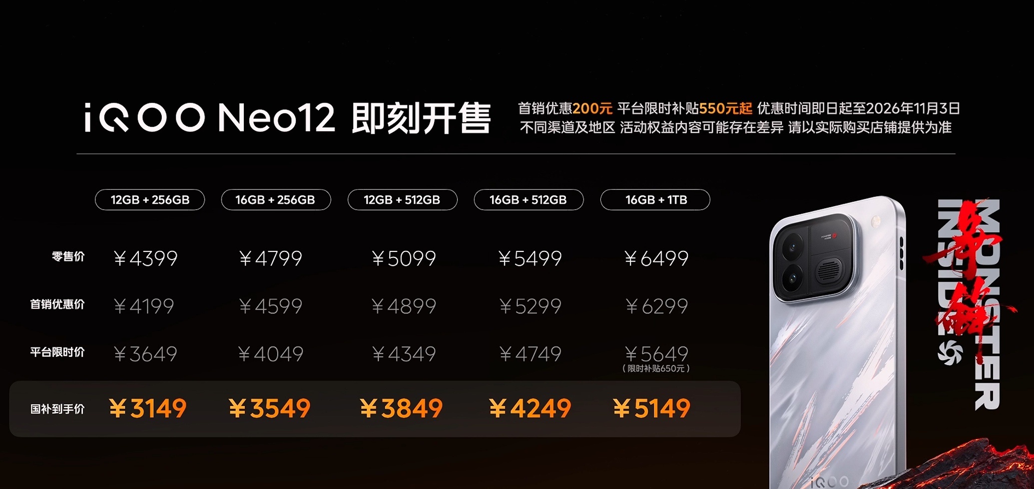 iQOO Neo12 正式发布，首销减 200 元，叠加平台优惠还有国补 314