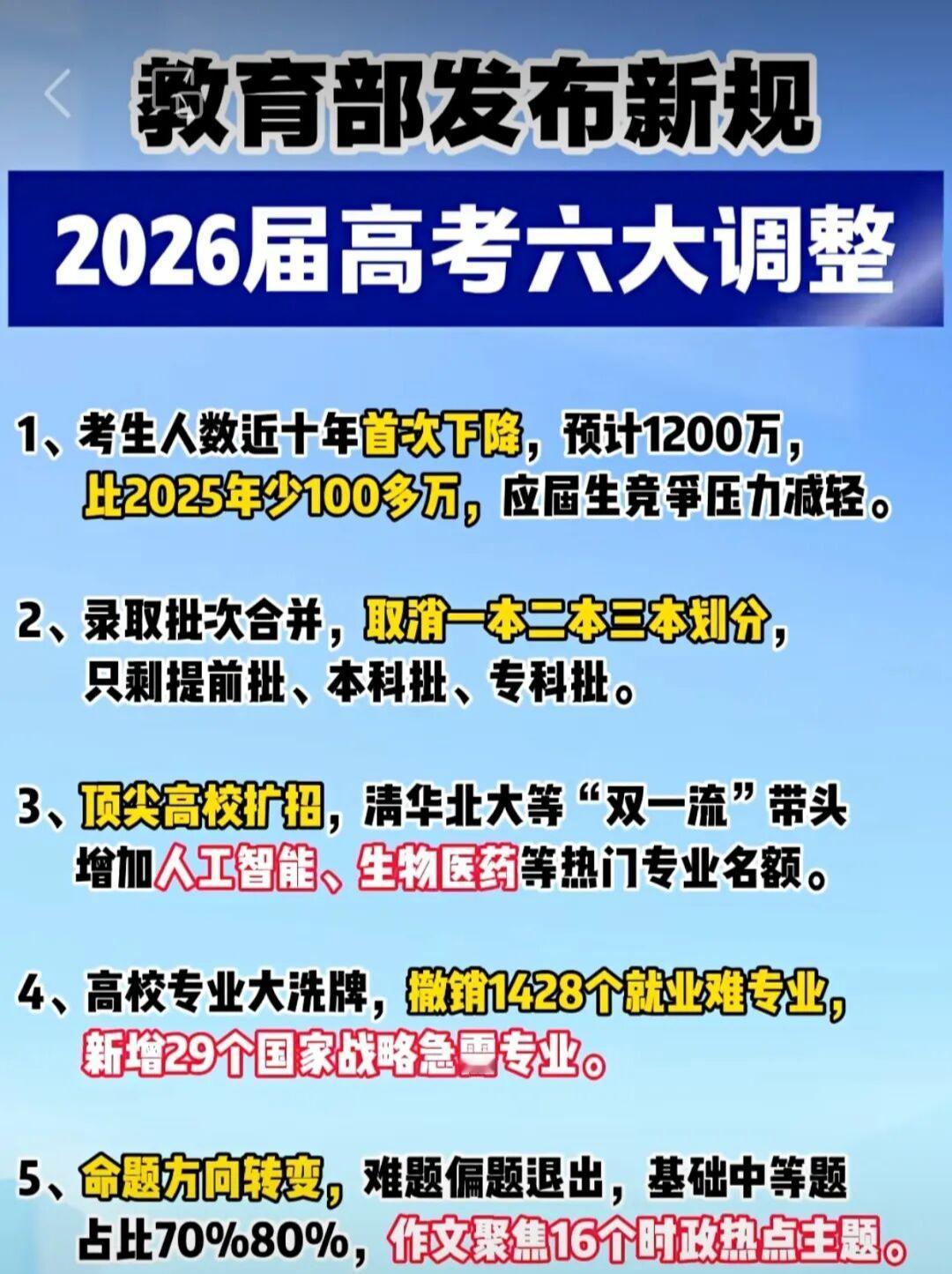 2026届高考应届生减少100多万高考生人数