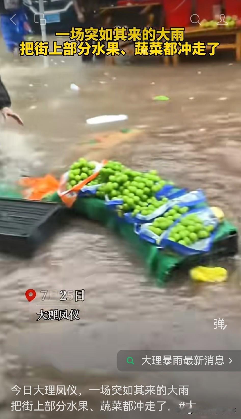今天（7月25日），大理凤仪突降的这场大雨异常凶猛，街上部分水果、蔬菜都被雨水冲