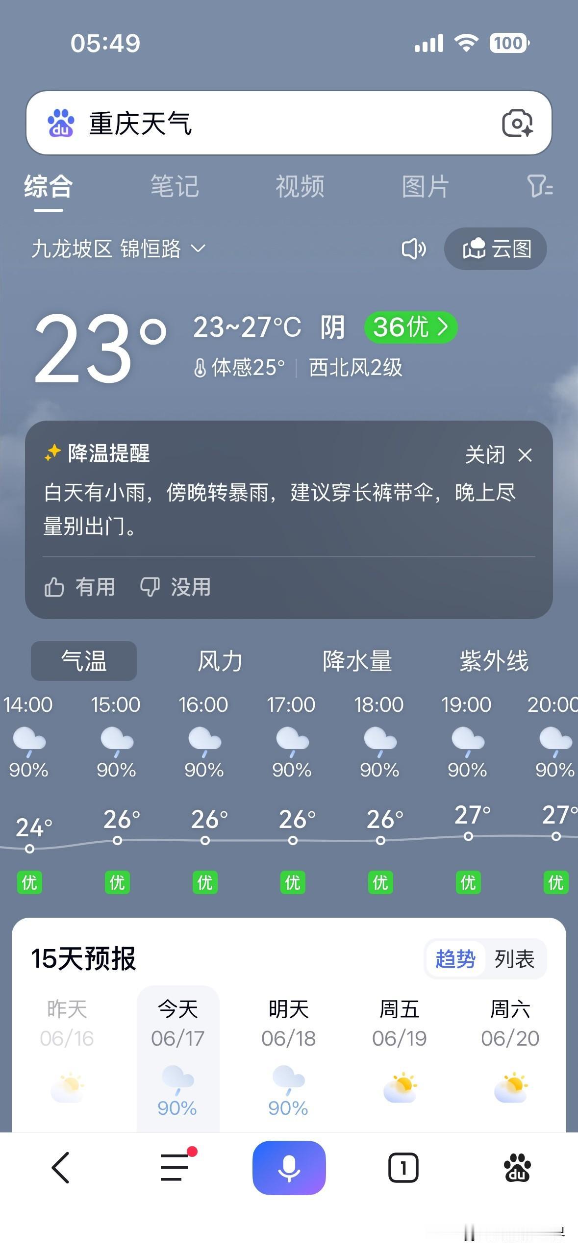 6月17日，星期三，今天下午或者傍晚，重庆主城区，可能会出现大雨、暴雨……但是，