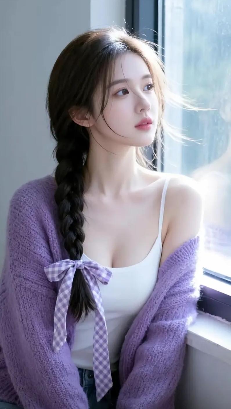 窗边少女，温柔时光
在那扇古旧的木窗边，阳光穿过斑驳树影，洒落在少女身上。她微微