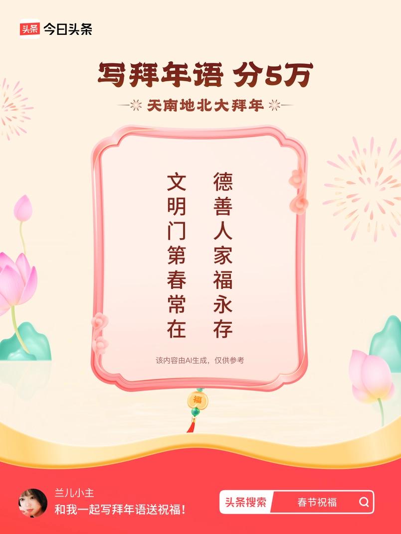 写拜年语送祝福新春拜年送祝福！我的祝福是：“文明门第春常在，德善人家福永存”！快
