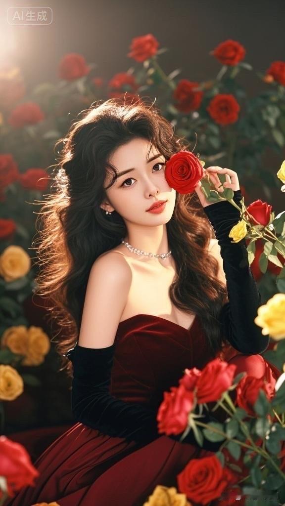 在玫瑰花园中，温柔微笑的少女与红玫瑰相映成趣，浪漫气息扑面而来。🌹💕