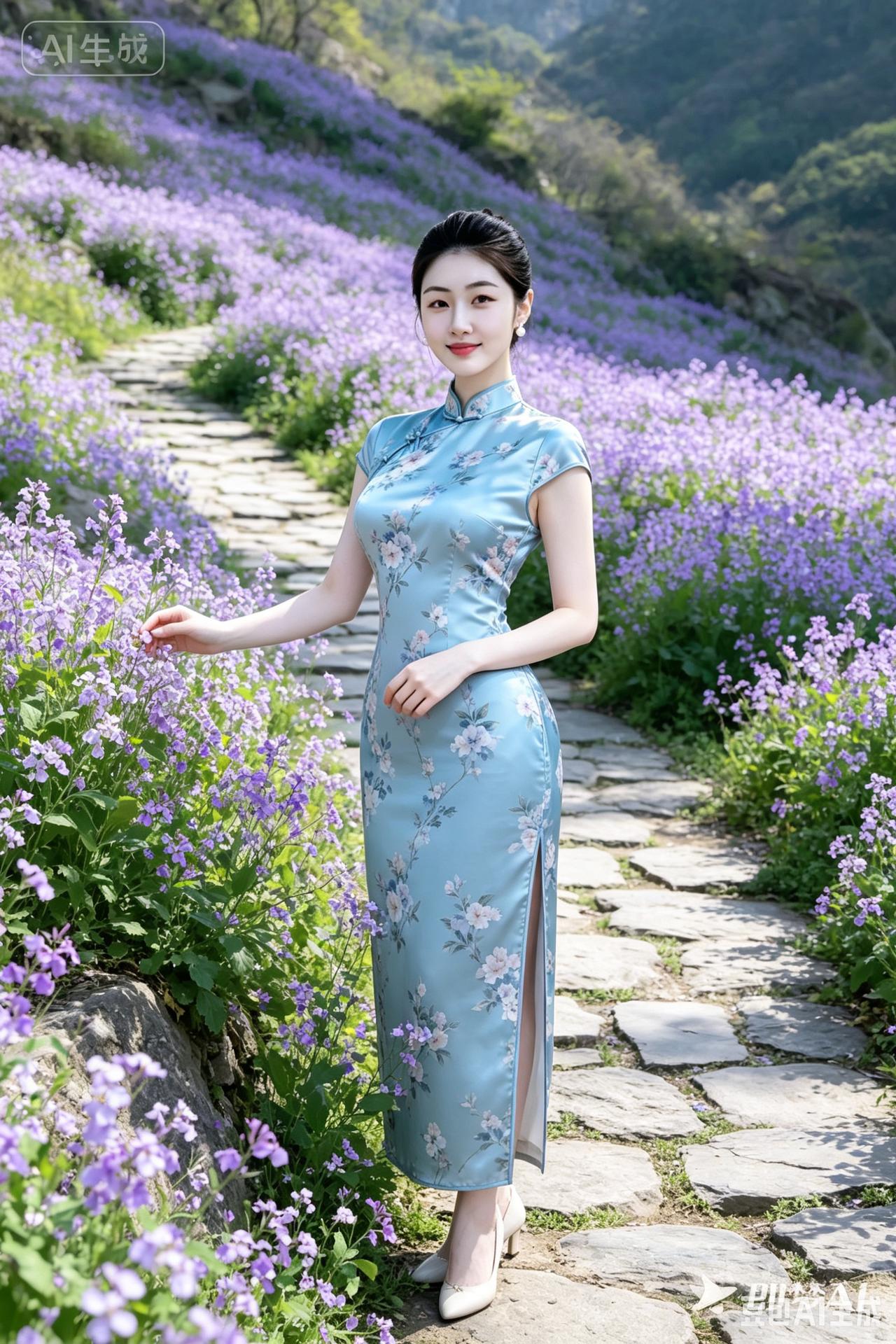 春日花海中的优雅旗袍，尽显东方韵味