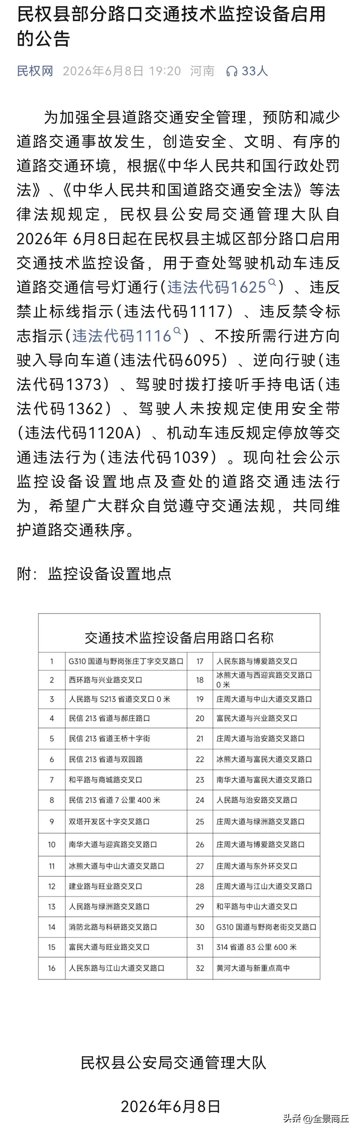 【民权县部分路口交通技术监控设备启用的公告】为加强全县道路交通安全管理，预防和减