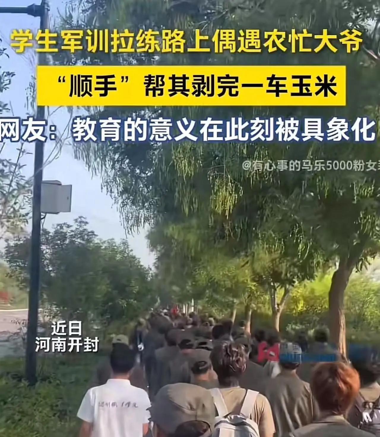 “这才是军训的意义！”河南开封一高校新生军训外出拉练途中，遇到一位独自剥玉米的老