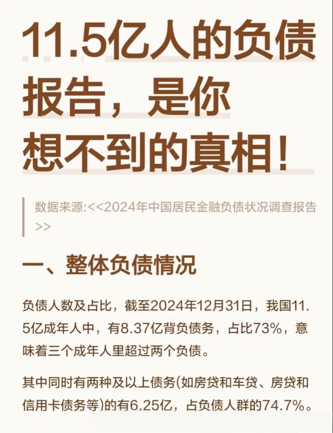 昨天中国人民银行发布了国内的负债数据，目前国内11.5亿成年人，负债比例73%，