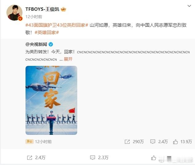 王俊凯致敬志愿军   王俊凯向中国人民志愿军致敬 王俊凯以庄重敬意，铭记中国人民