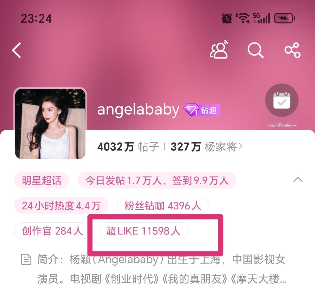angelababy超话超like已经11500+了！才11点，鼻粉长情又能打?