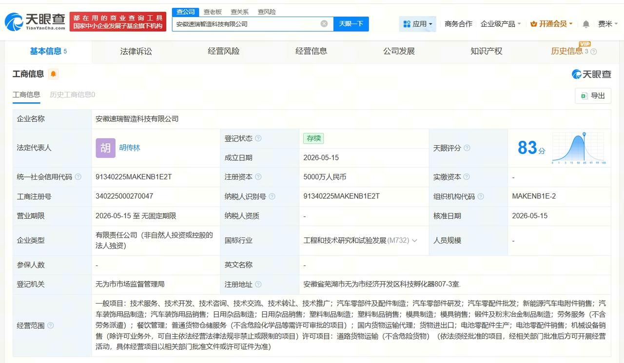 奇瑞汽车在安徽成立新智造科技公司 注册资本5000万

天眼查App显示，近日，