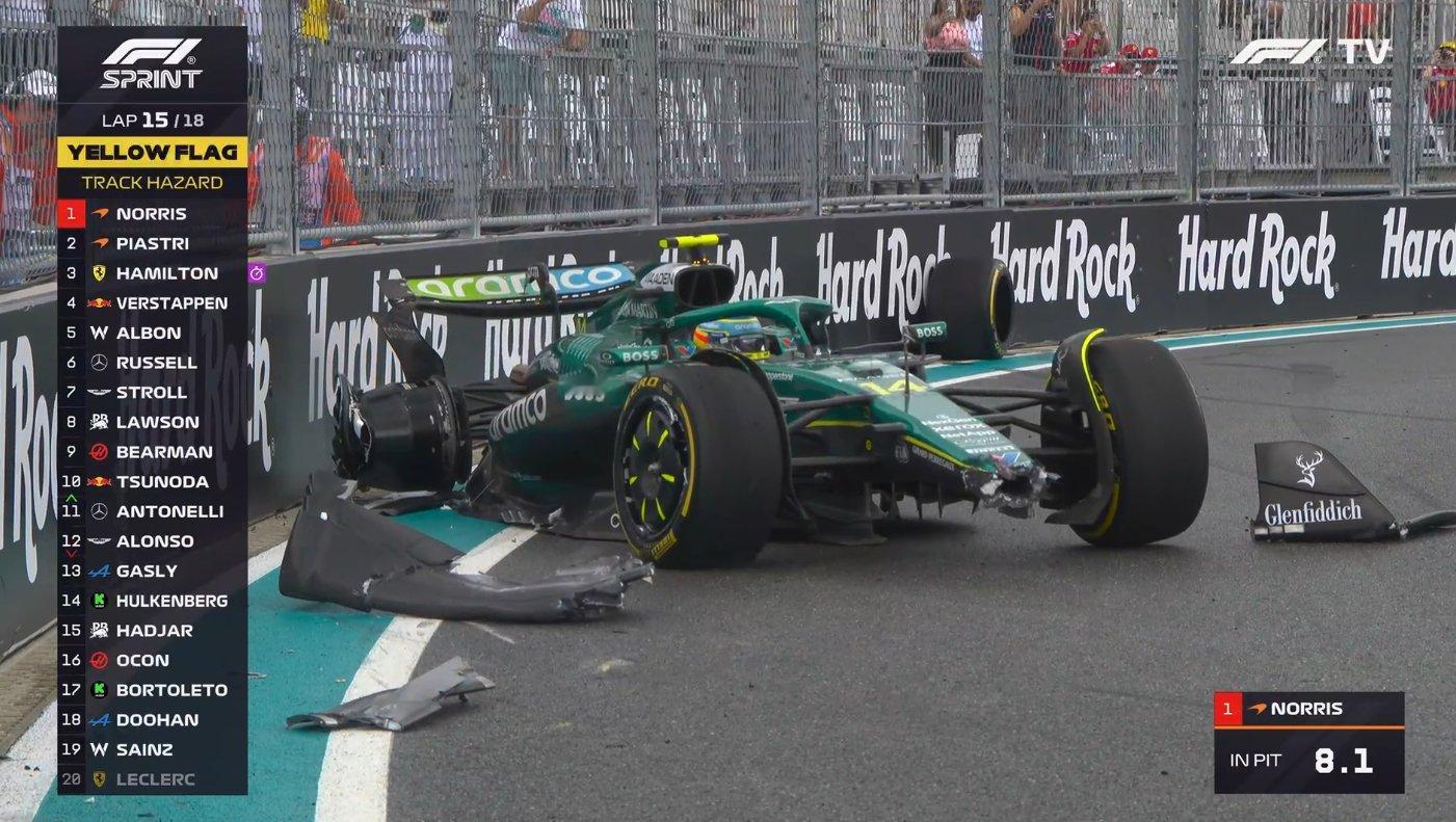 安全车，阿隆索赛车严重撞墙!F1赛车2025F1迈阿密大奖赛2025F1迈阿密大