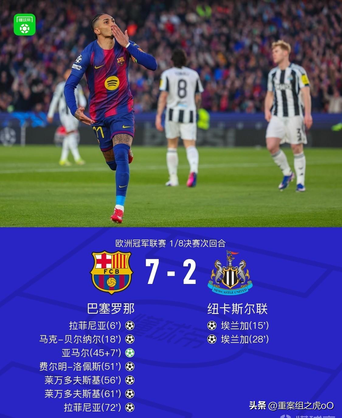 巴萨7-2狂胜纽卡，总比分8-3晋级，
看了下半场只感觉是满满的遗憾，不知道是纽