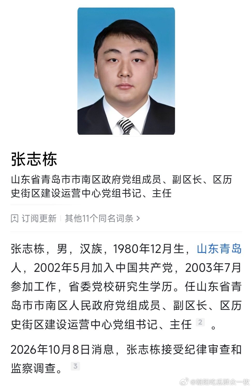 青岛市市南区政府党组成员、副区长张志栋接受纪律审查和监察调查。 ​​​