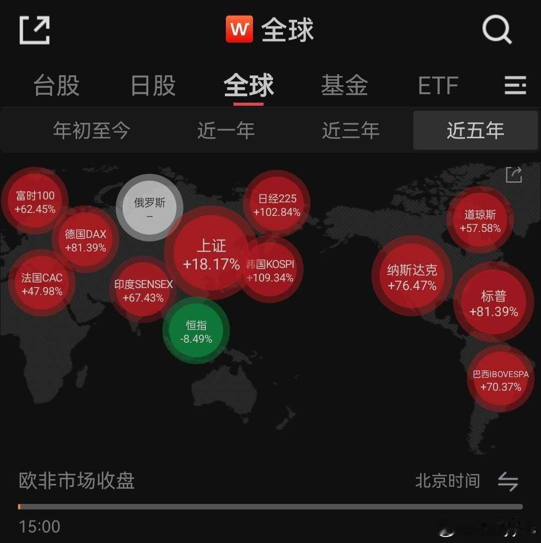 近五年全球主要市场的回报统计