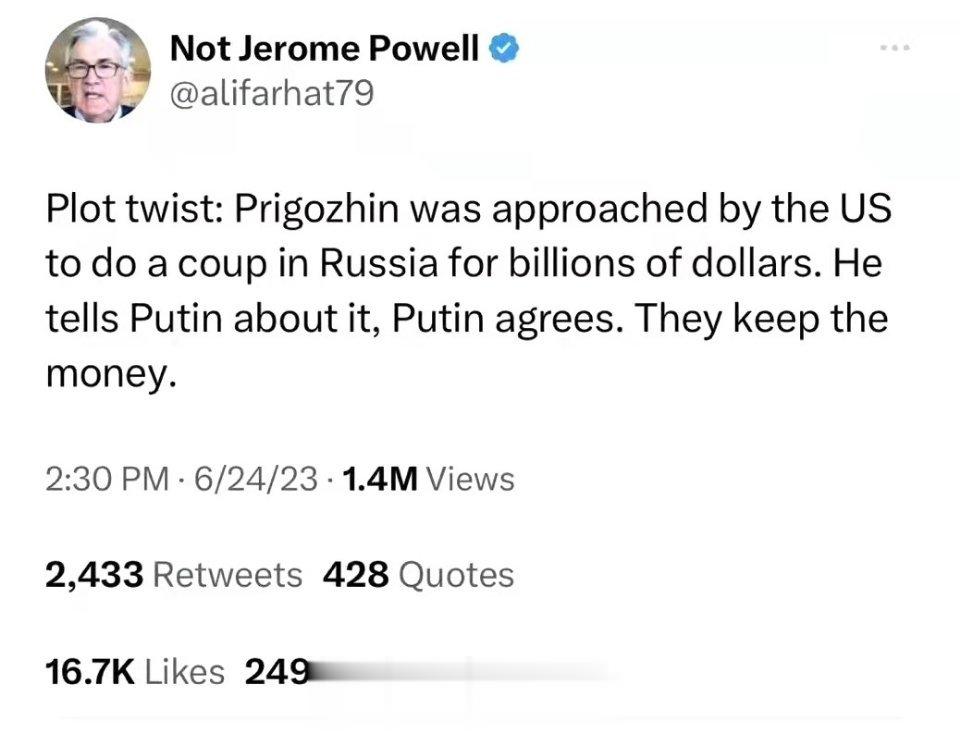 瓦格纳哗变最新剧情：美国中情局给了普里戈任数十亿美元让他叛变，兵变搞了普京。厨子