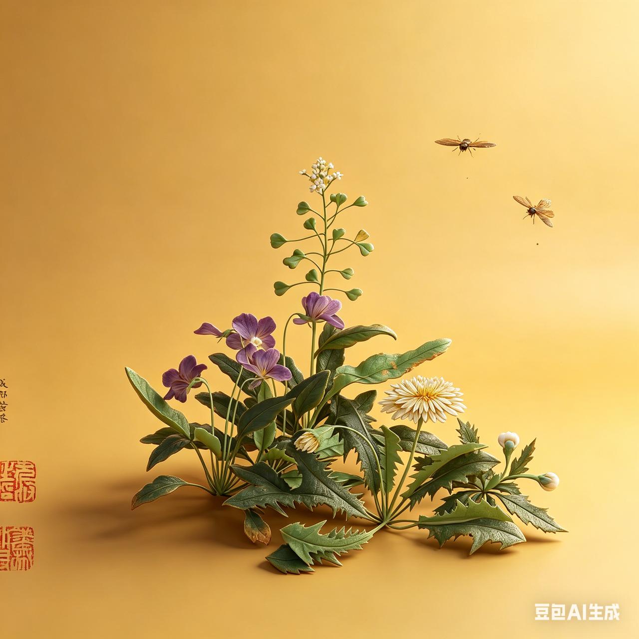 黄筌《长春花鸟册》：花卉草虫（AI复原图）