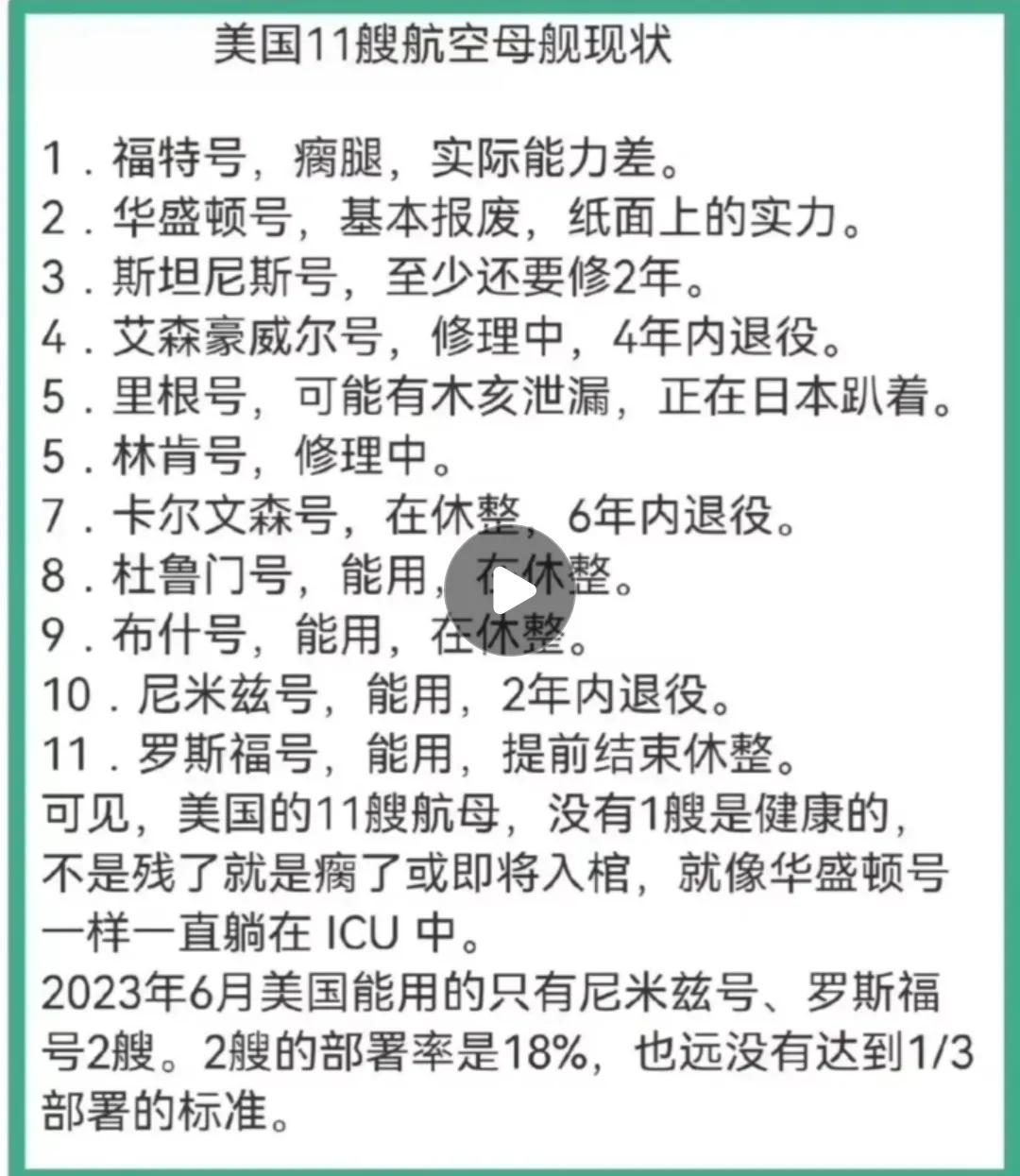 网友厉害了！这是网友总结的美国航母的现状，情况基本属实！这对于我们来说是不是一个