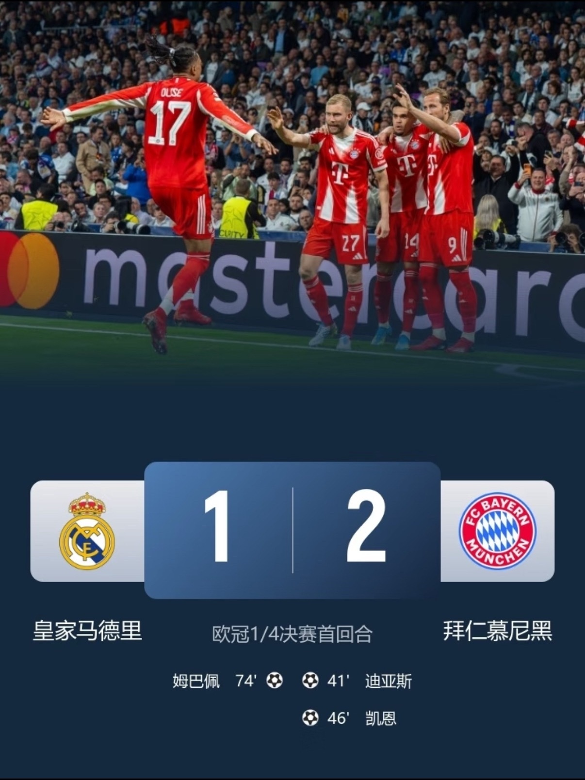 皇马1比2拜仁 欧冠1/4决赛首回合，皇马主场1-2不敌拜仁。迪亚斯与凯恩先后破