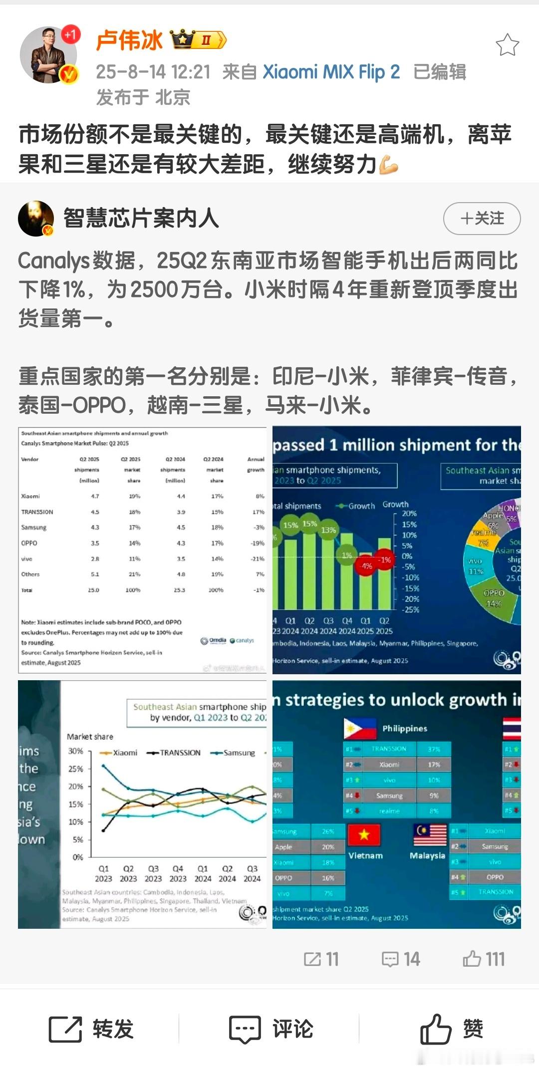 卢伟冰：市场份额不是最关键的，最关键还是高端机，离苹果和三星还是有较大差距，继续
