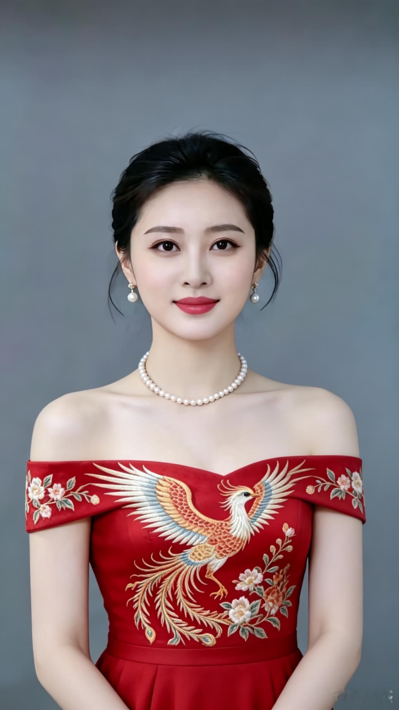 红妆佳人
一袭红妆耀彩光，
珠玑绕颈玉流芳。
明眸似水含情韵，
笑靥如春醉艳阳。