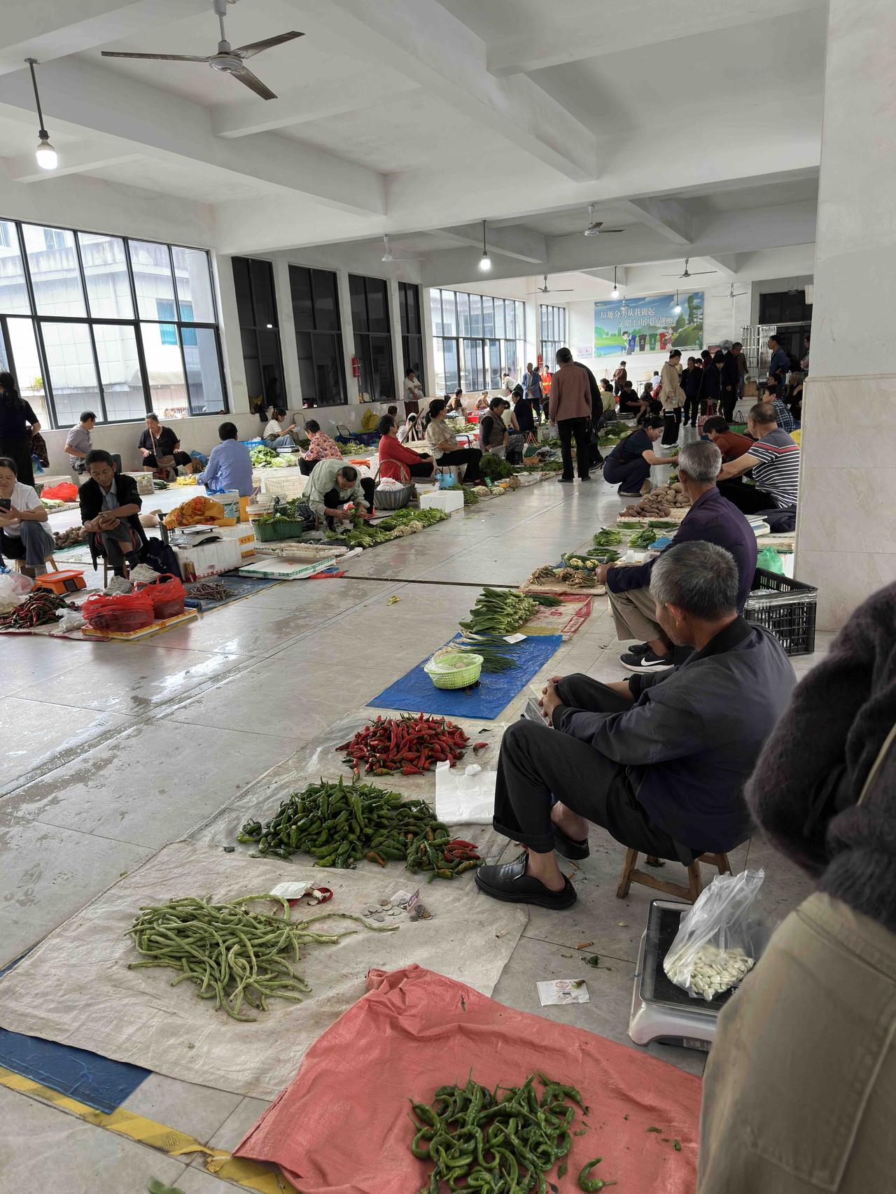 去农贸市场买菜，今天去得比较早，地摊还没散呢。农产品也算是琳琅满目，多是白菜、白