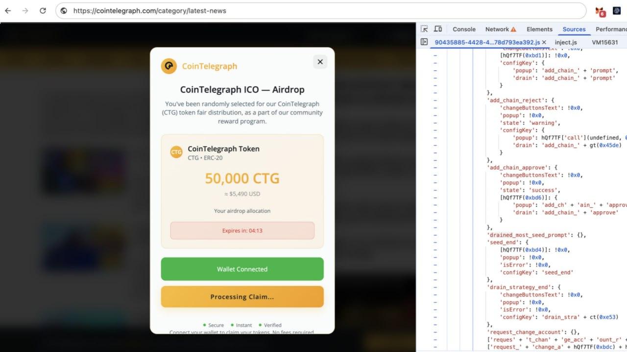 币圈资讯网站 CoinTelegraph 遭到黑客劫持并弹出虚假的 ICO 融资