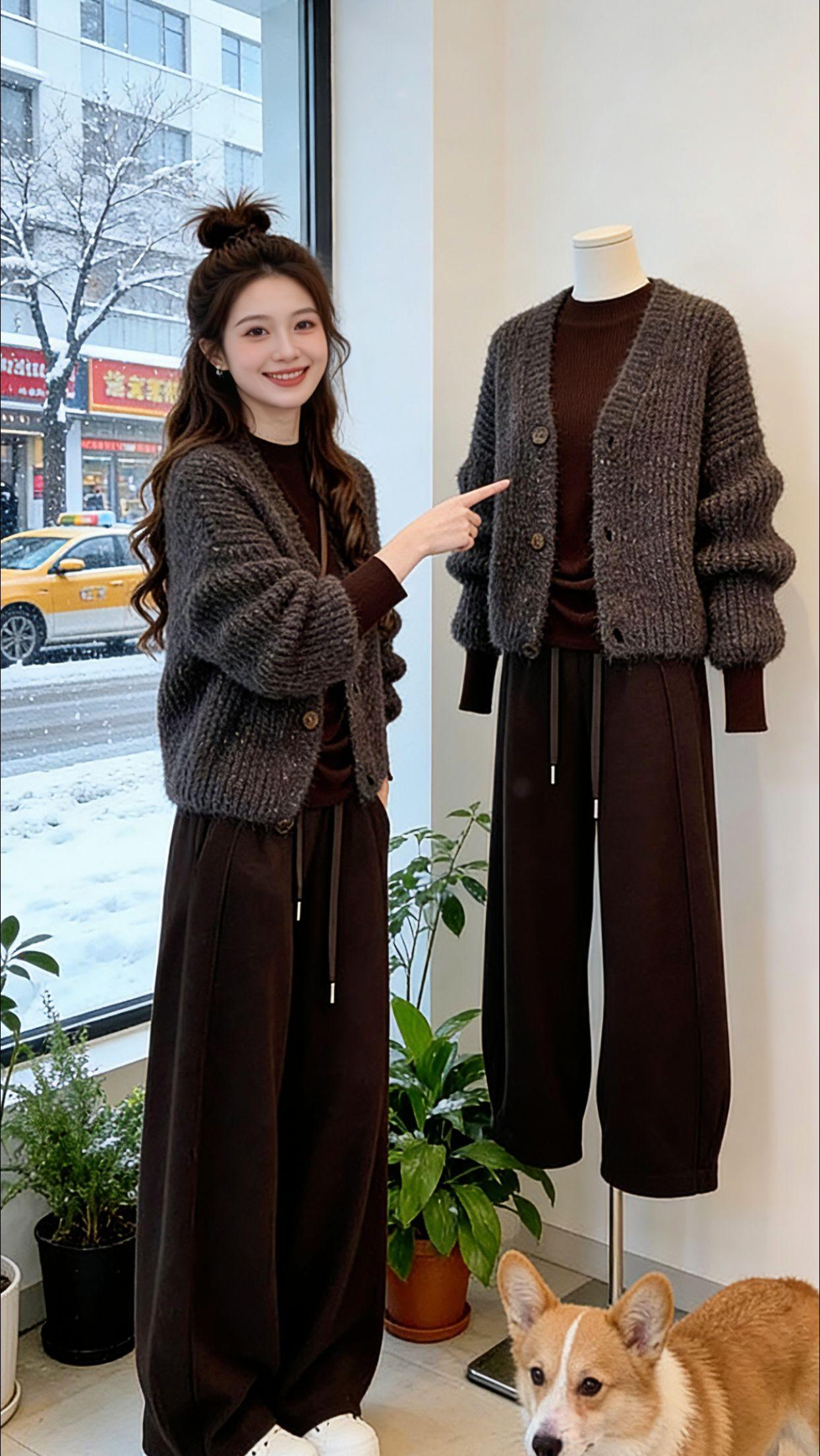 Danny在飘雪的午后逛店，一眼就相中这套软糯针织开衫套装。深灰开衫自带绒感暖意