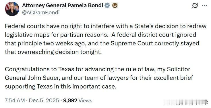 司法部长Pamela Bondi发文称地方法官无权干涉地方重划选区的决定。

“