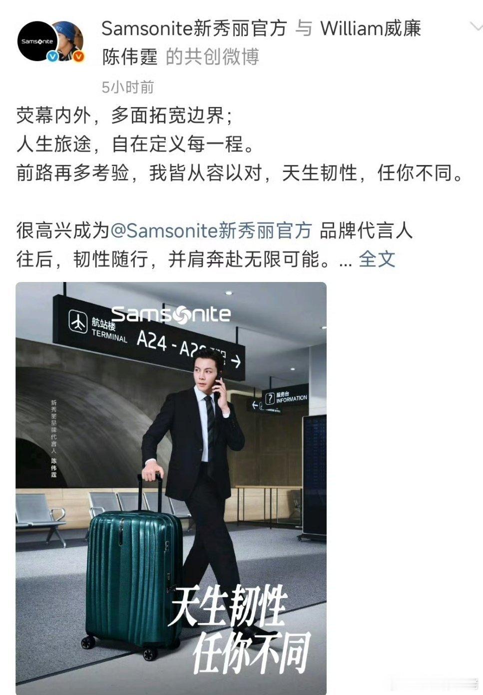 新秀丽品牌代言人陈伟霆  陈伟霆新商务新秀丽官宣，商务霸总这块，是权威