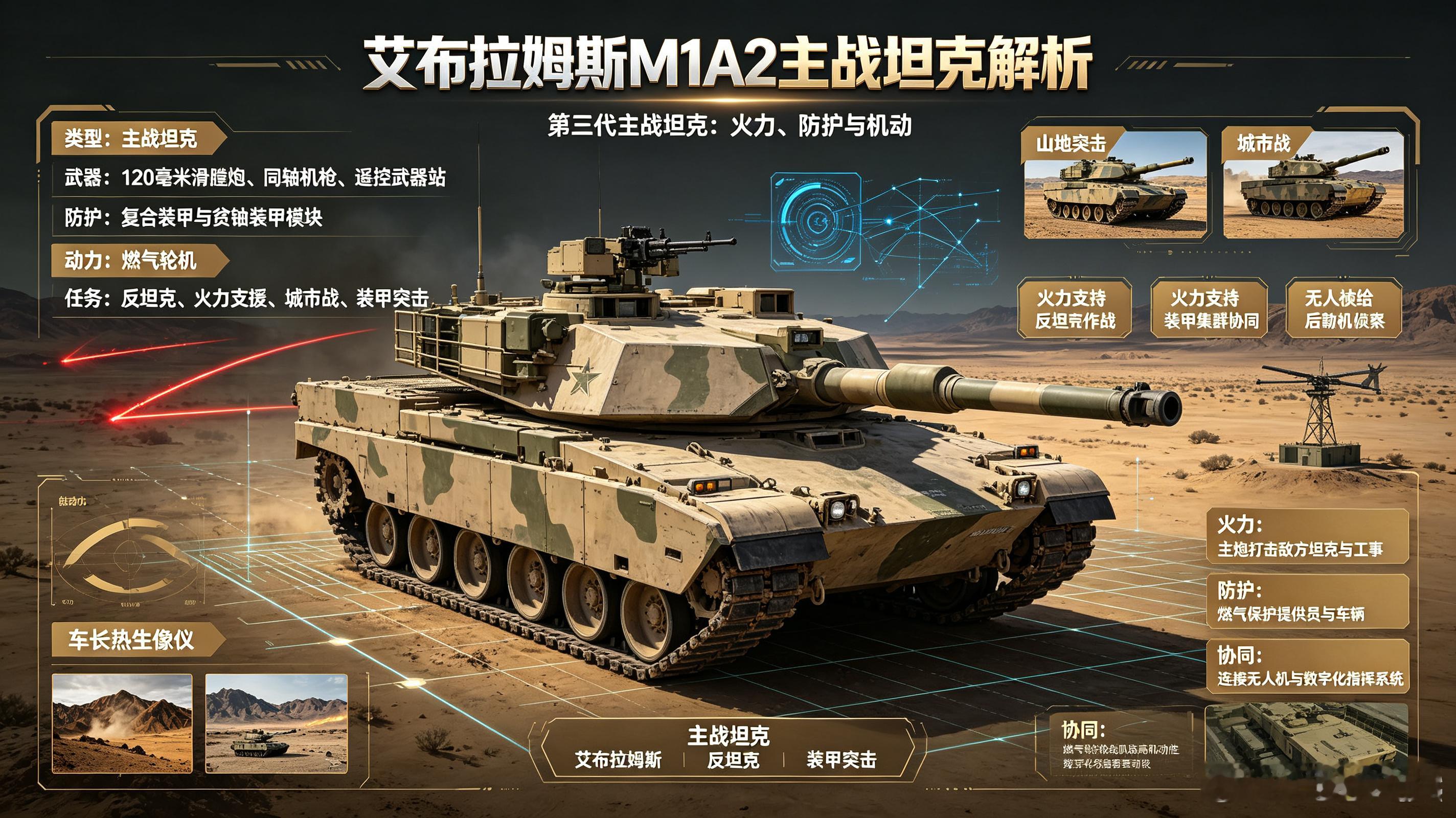 艾布拉姆斯M1A2，美军第三代主战坦克。120毫米滑膛炮、复合装甲、贫铀装甲模块