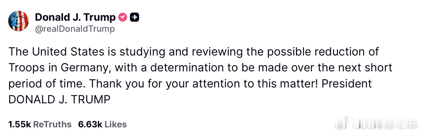 川普表示美國正在研究並審查減少駐德國美軍規模的可能性，相關決定將在接下來不久的時