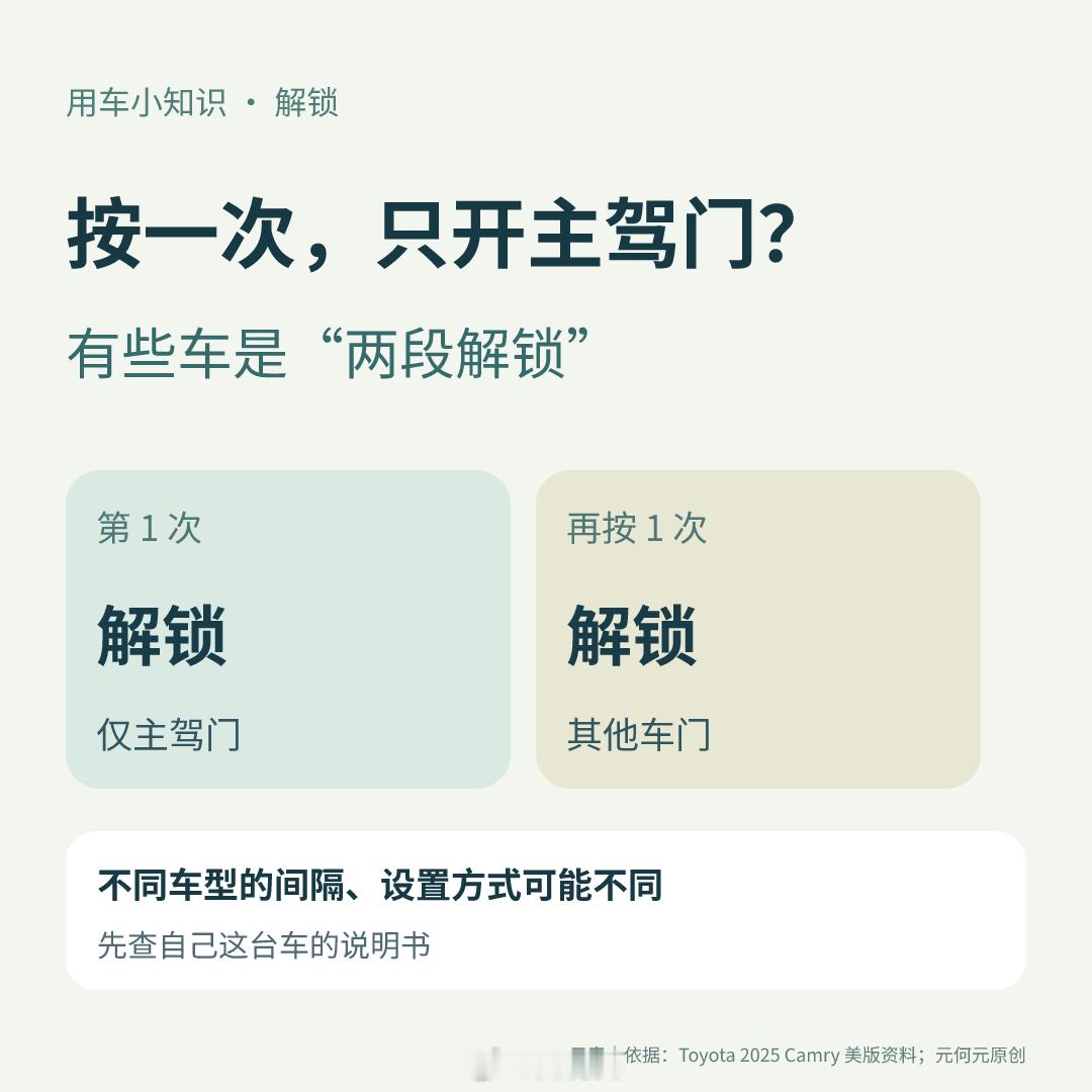 有些车按一次解锁只开主驾门，再按一次才开其他车门，这是“两段解锁”的一种设置，不