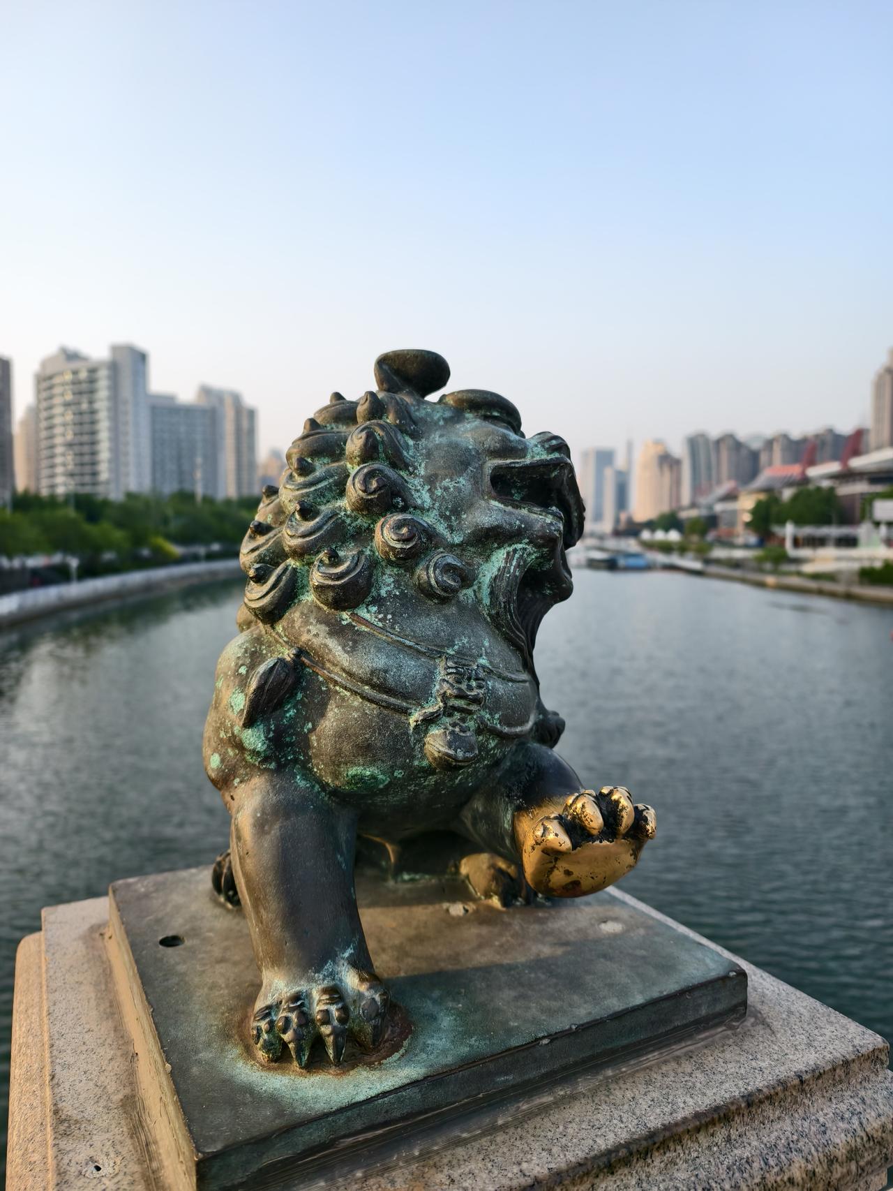 天津海河狮子林桥上的铜狮子，栩栩如生，游客到此都不约而同伸手触摸狮子前爪，祈求平