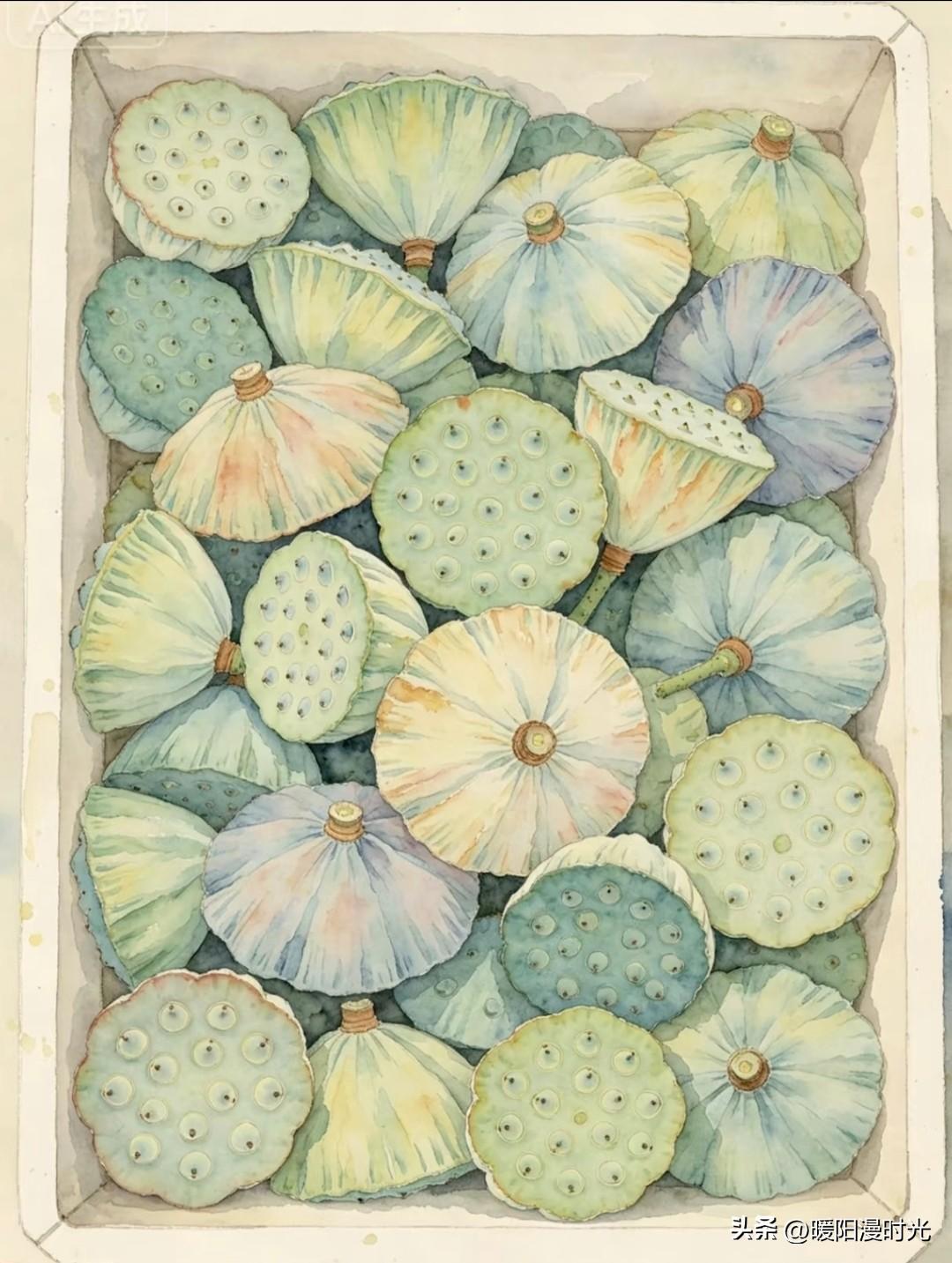 满盒清莲莲蓬，藏一整个夏日温柔绿意。
褎子AI工笔淡彩莲蓬绘画分享
淡彩工笔莲蓬