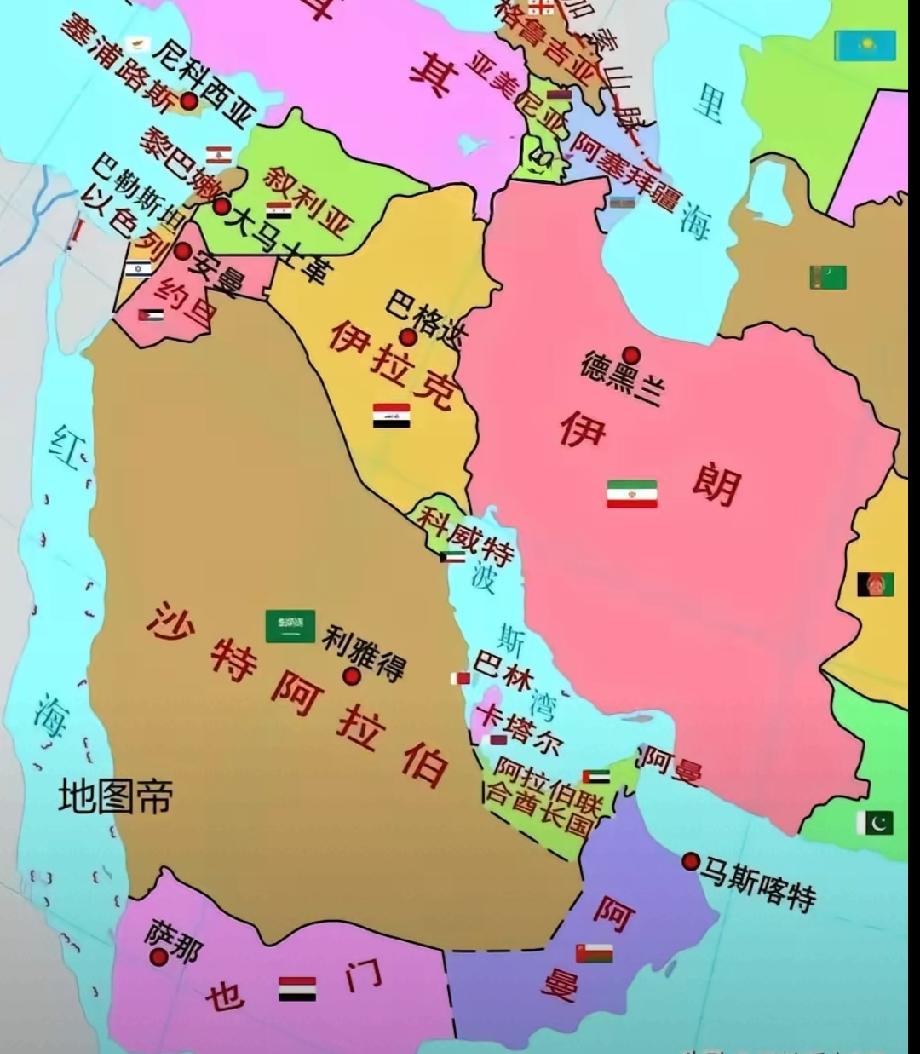 沙特阿拉伯的地理位置挺有意思，面积很大，与伊朗差不多，周围有多个面积不大的国家，
