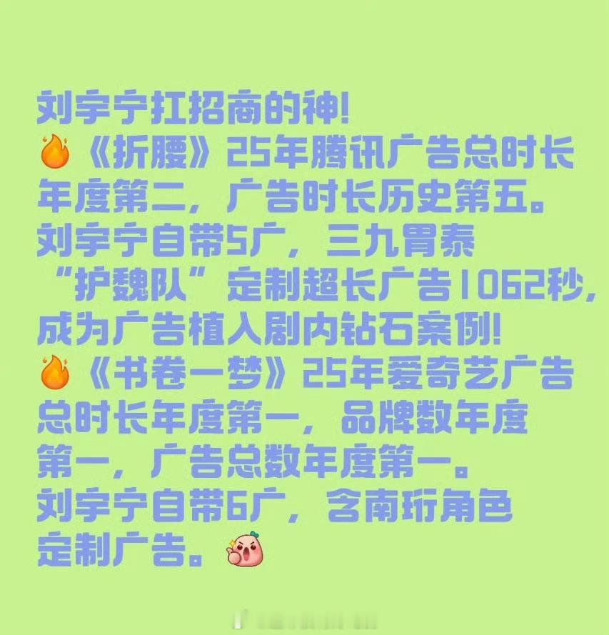 刘宇宁扛招商的神[点赞]今年《折腰》腾讯广告总时长年度第二《书卷一梦》爱奇艺广告
