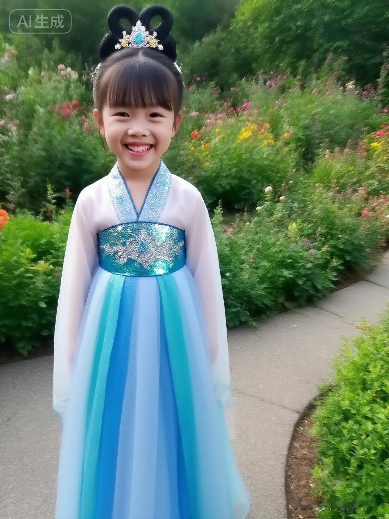 谁懂啊！刷到这组图的时候，直接被这小姑娘的笑容戳中了！
蓝白渐变的汉服像把夏天的