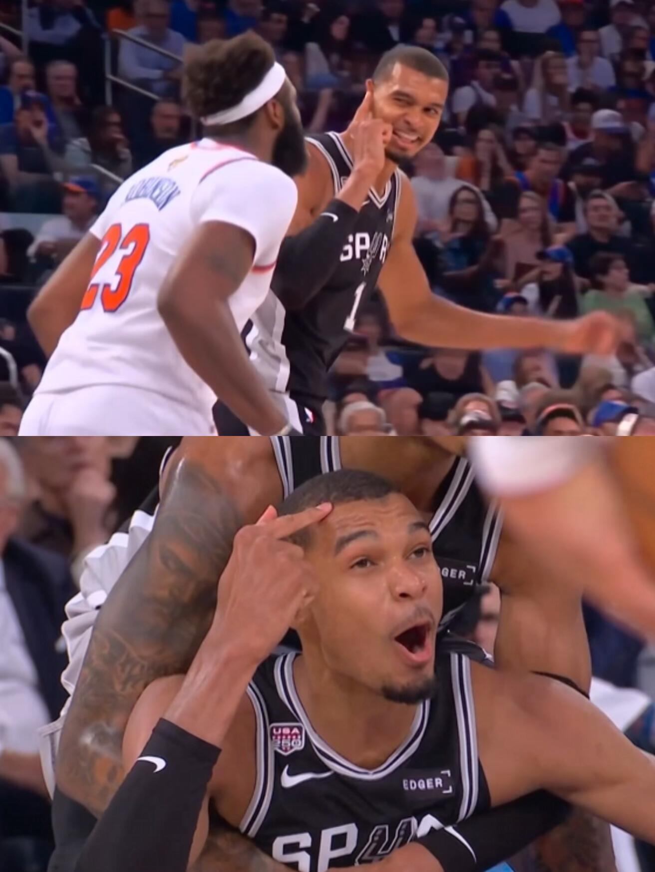 文班学会搞心态了，连续两次对着米罗指脑袋…nba总决赛尼克斯vs马刺