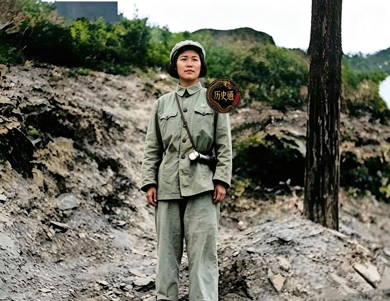 一九五零年冬，一个身材纤瘦的年轻女兵，穿着略显宽大的军装，站在朝鲜前线的指挥所旁
